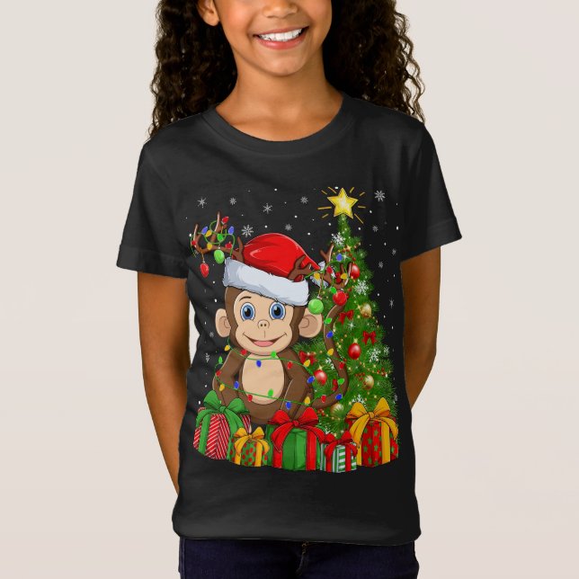T-Shirt Éclairage singe Xmas Arbre Santa Chapeau Singe Noë (Devant)