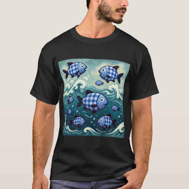T-shirt École de poissons à carreaux bleus (Devant)