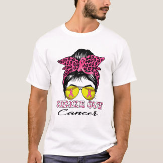 T-shirt Écraser le cancer du sein rose Ruban Messy Bun Gir