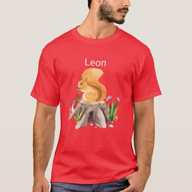 T-shirt Écureuil animal de forêt avec le nom Leon rétro (Devant)
