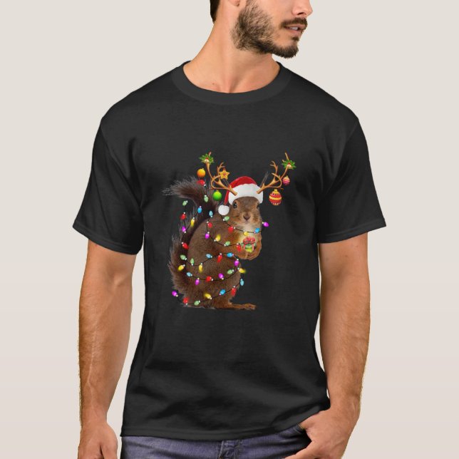 T-shirt Écureuil de Noël Drôle Lumières de Noël des rennes (Devant)