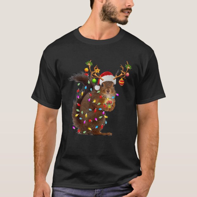 T-shirt Écureuil de Noël Drôle Lumières de Noël des rennes (Devant)