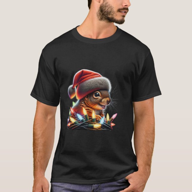 T-shirt Écureuil drôle avec lumières de Noël Santa Chapeau (Devant)