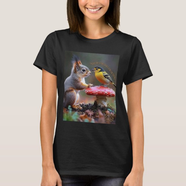 T-shirt Écureuil et Oiseau Forêt Amitié Femme Bio  (Devant)