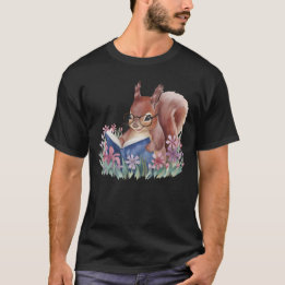 T-shirt Écureuil lisant un livre, blotti dans les fleurs