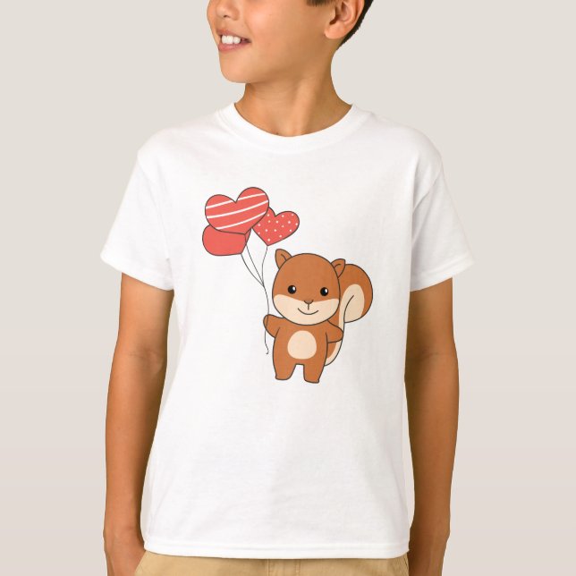 T-shirt Écureuil mignon Animaux Coeurs Ballons Saint Valen (Devant)
