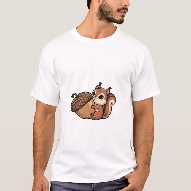 T-shirt Écureuil Mignon Enlaçant un Gland Géant (Devant)
