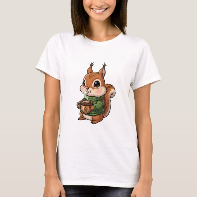 T-shirt Écureuil Mignon et Douillet Vêtu d'un Pull Vert Tr (Devant)