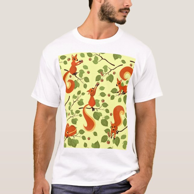 T-shirt Écureuil rouge dans des branches noisettes. (Devant)