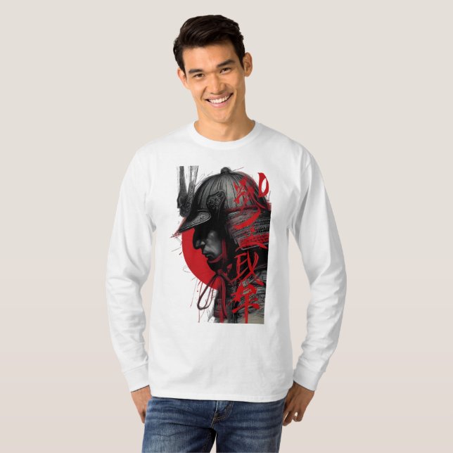 T-shirt Edgy Samurai Warrior Japanese Red Sun Long Sleeve (Devant entier)