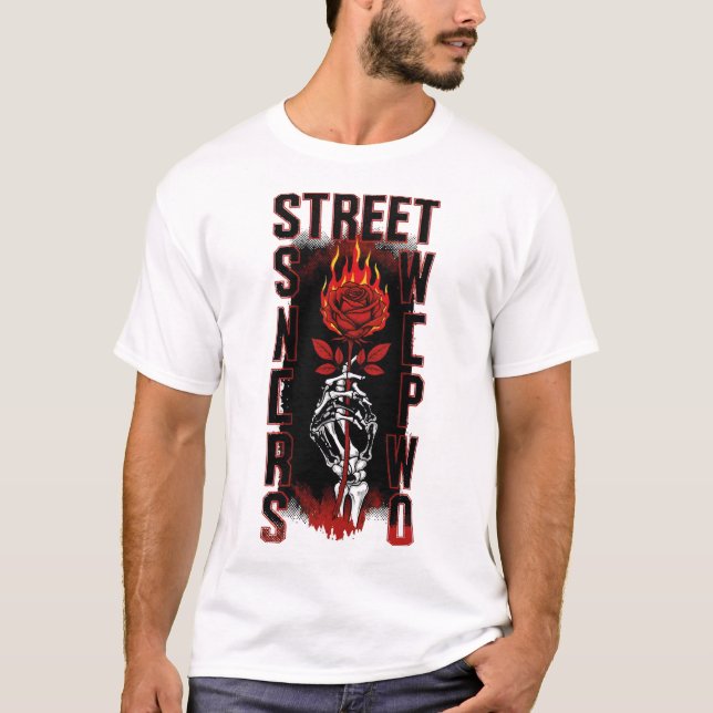 T-shirt Edgy Skeleton Hand Holding Burning Rose Streetwear (Devant)