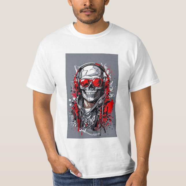 T-shirt Edgy Skull avec casque et accents rouges (Devant)