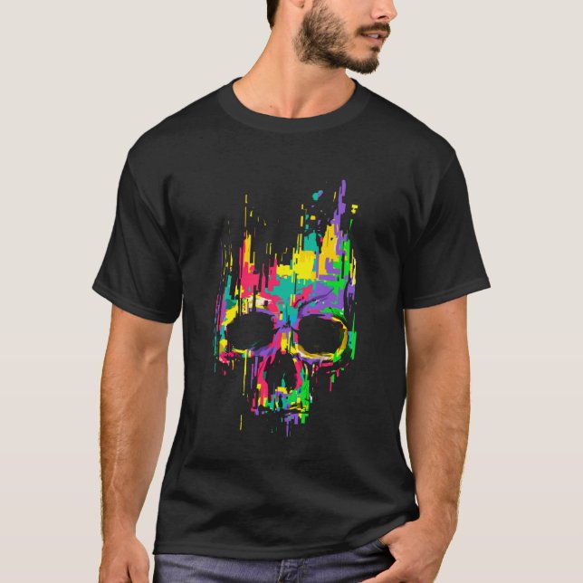 T-shirt Effets de pixel de crâne tripants Maison de la fêt (Devant)