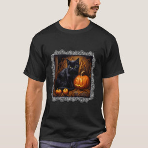T-shirt Éffrayant Halloween Cute Chat Noir Et Jack-o'-lant