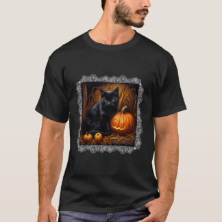T-shirt Éffrayant Halloween Cute Chat Noir Et Jack-o'-lant