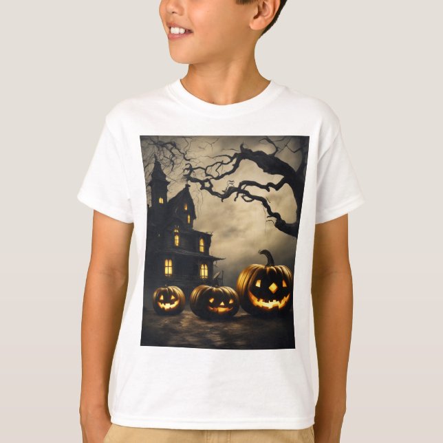 T-shirt Éffrayant Halloween Mansion 🦹 Avec Jack-o'Lantern (Devant)