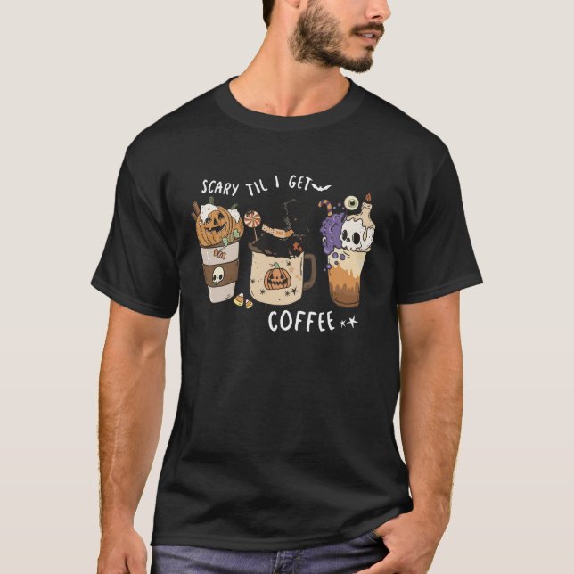T-shirt Effrayant Jusqu'À Ce Que J'Ai Du Café, Citrouille  (Devant)