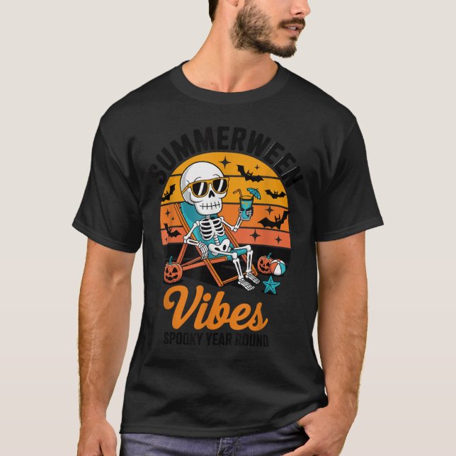 T-shirt Éffrayant Summer Beach Skeleton Funny Halloween Su (Devant)