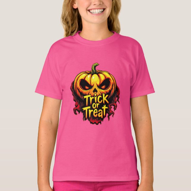 T-shirt Éffrayant "Trick or Treat" Citrouille Halloween Ar (Devant)