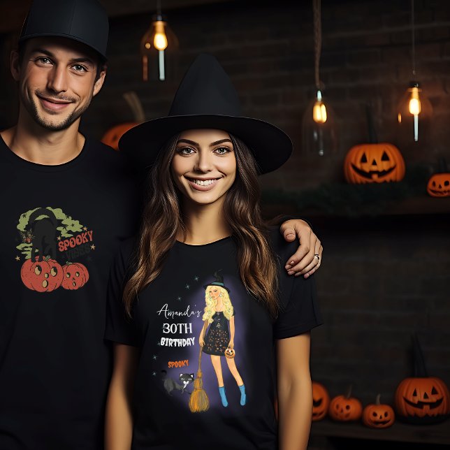 T-shirt Éffrayante sorcière Halloween Anniversaire Noir (Spooky Witch Halloween Birthday Black T-Shirt ,couple mockup)