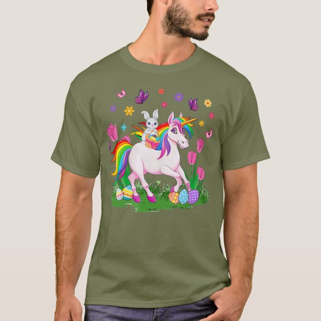 T-shirt Egg Basket Rabbit Riding Unicorn Happy Easter (Devant)