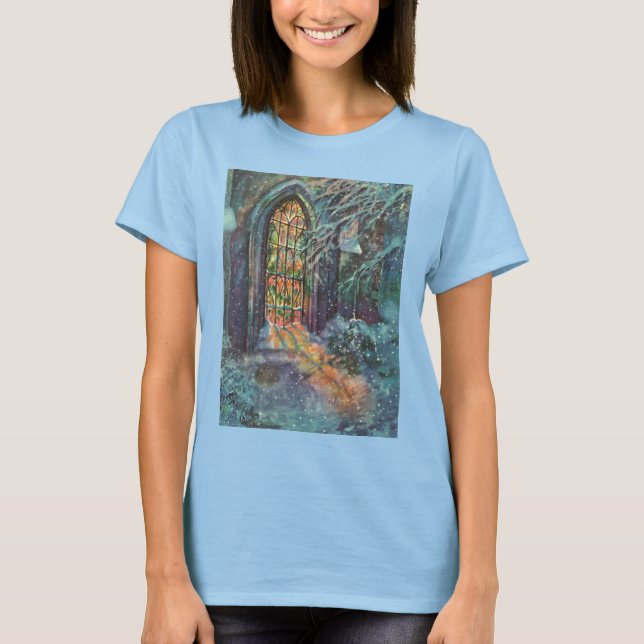 T-shirt Église de Noël vintage avec vitrail (Devant)