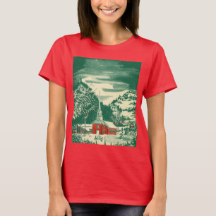T-shirt Église de Noël vintage, paysage enneigé en hiver