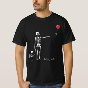 T-shirt Eh bien, squelette et chien, ballon rouge, humour