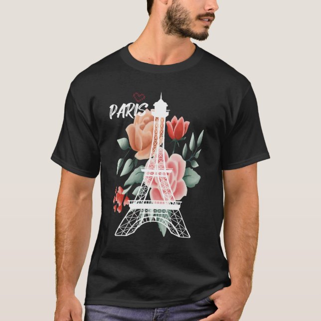 T-shirt Eiffel Tower with Rose Love Paris France Souvenir  (Devant)