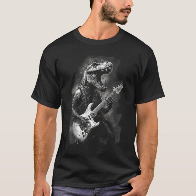 T-shirt Electric Guitar Rock T Rex Dinosaur Men Kids Music (Devant)