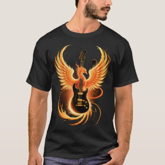T-shirt Electric Guitar With Fiery Winged Silhouette In Bl