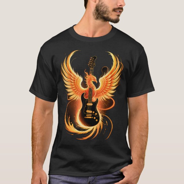T-shirt Electric Guitar With Fiery Winged Silhouette In Bl (Devant)