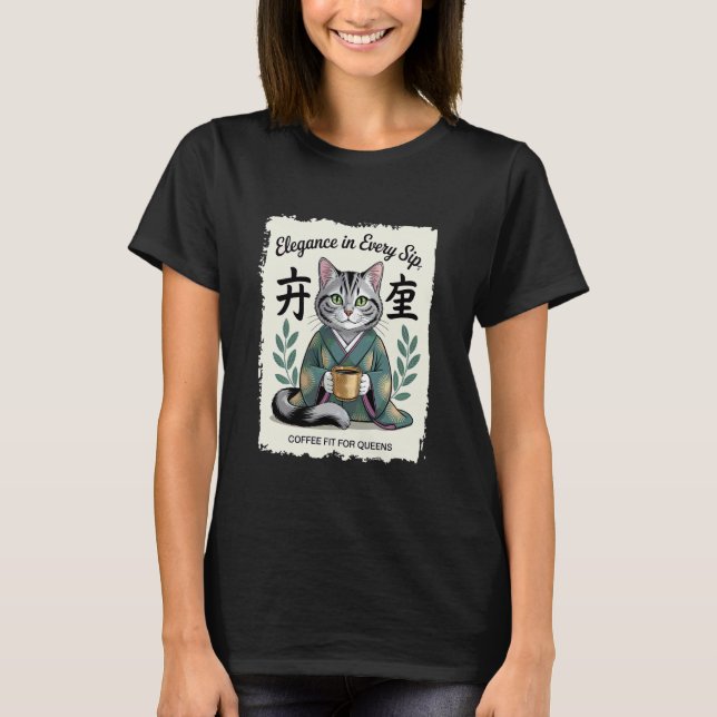 T-shirt Élégance dans chaque gorgée Chat Buveur de café (Devant)