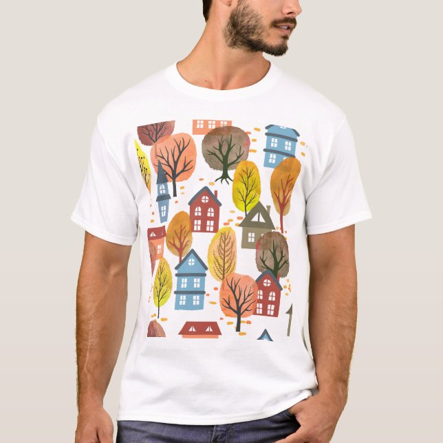 T-shirt Elégance d'automne : Aquarelle Ville et arbres (Devant)