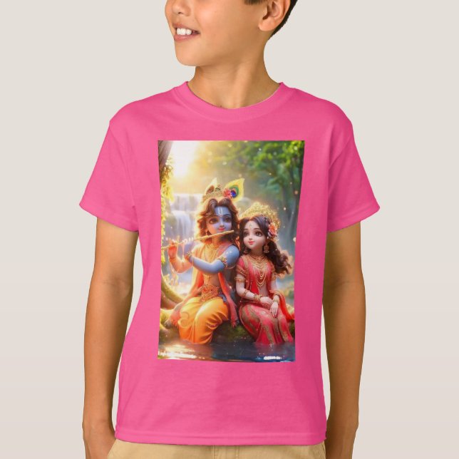 T-shirt Élégance divine : Radhe Krishna Imprimer sur T-shi (Devant)