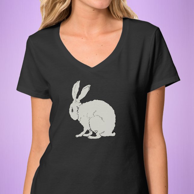T-shirt Elégant assis lapin blanc dessin noir contour (White sitting bunny rabbit side profile on womans adult tee shirt.)
