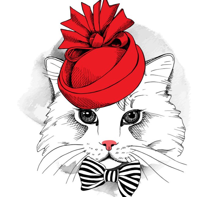 T-shirt Élégant chat (Illustration of a white cat wearing a red hat and a black and white striped bow. )