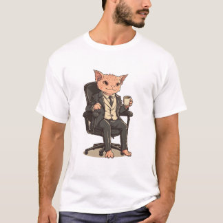 T-shirt Élégant Chat d'affaires sans cheveux avec café - B