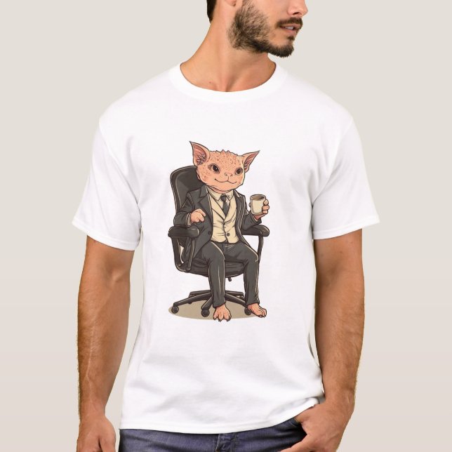 T-shirt Élégant Chat d'affaires sans cheveux avec café - B (Devant)