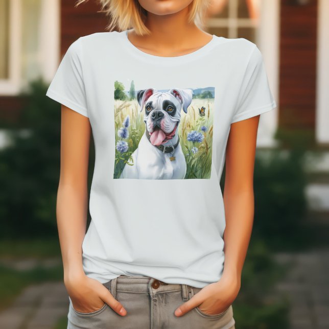 T-shirt Elégant Chien De Boxer Blanc Parmi Les Blooms (Créateur téléchargé)