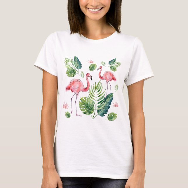 T-shirt Élégant Flamant rose rose Feuilles tropicaux (Devant)