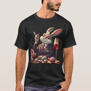 T-shirt Elégant lapin de Pâques avec un verre de vin et Ch