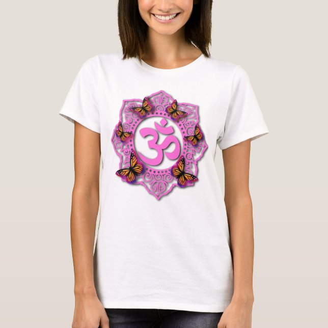T-shirt Elégant mandala rose ohm papillon violet rose (Devant)