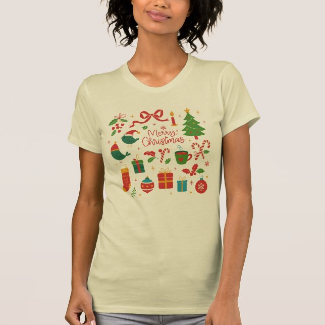 T-shirt Elegant Minimalist Christmas Doodles Hand-Drawn (Devant)