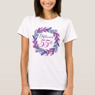 T-shirt Élégant monogramme de couronne rose pourpre 55e an