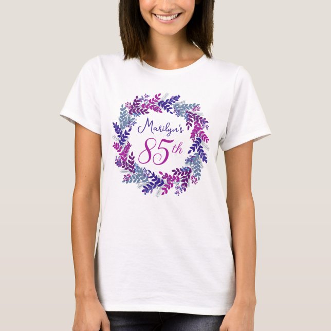 T-shirt Élégant monogramme de couronne violet rose 85e ann (Devant)