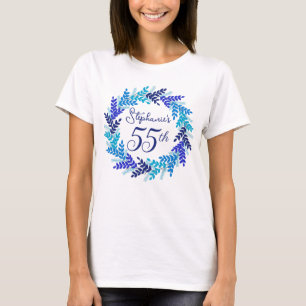 T-shirt Élégant monogramme Royal Blue Wreath 55e anniversa