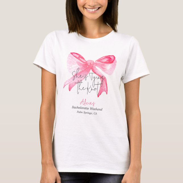 T-shirt Élégant Nœud Rose Fête de Bachelorette (Devant)