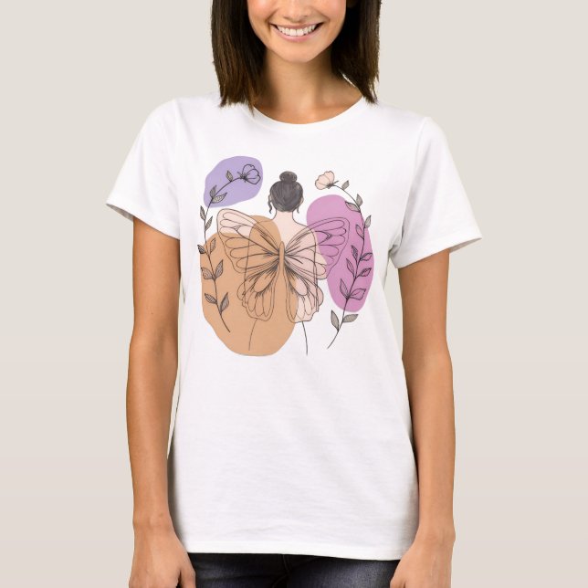 T-shirt Élégant Papillon Fairy Woman Line Art (Devant)
