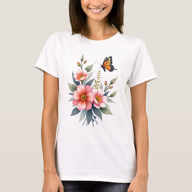 T-shirt Élégant papillon floral aquarelle (Devant)